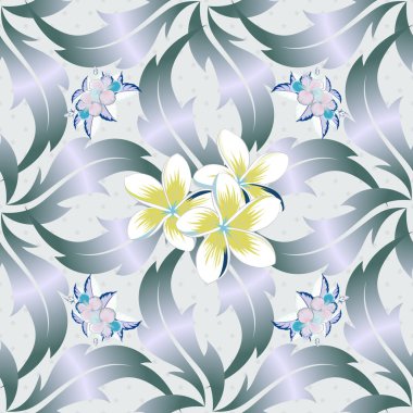 Plumeria çiçeklerinin yeşil, gri ve mavi renklerde kusursuz deseni. Eski tarz. Stok vektör illüstrasyonu.