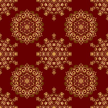 Kırmızı arka planda barok tarzında kusursuz bir doğulu süsü. Geleneksel klasik Altın Şablon.