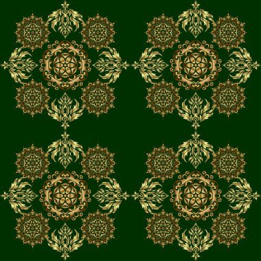 Arka planda Viktorya dönemi tarzında kusursuz bir desen var. Lüks çiçekli çerçeveler ve süslü dekorlar. Vignette ve sınırlar veya tasarım şablonu için vektör altın elementler.