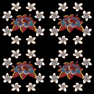 Siyah arkaplanda bej, kahverengi ve gri renkler var. Vektör vintage dikişsiz tropikal amber çiçekleri.