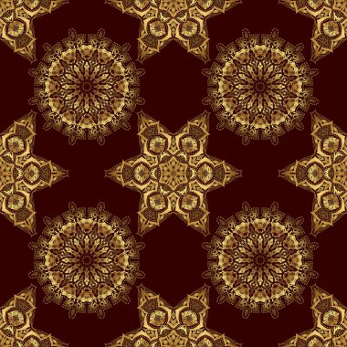 Kutlama kartlarını süslemek için alet çantası. Kahverengi arka planda altın parıltılı süsler ve parlak ışıklar. Kahverengi zemin üzerinde kusursuz altın elementler deseni.