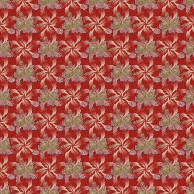 Kırmızı, bej ve turuncu gül çiçekleriyle pürüzsüz desen. Çiçek desenli vektör deseni klasik tarzda..