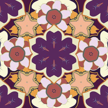 Zarif sarı, bej ve mor süslemeli stilize yıldızlar, süslü arka planda filigran dekoru. Lüks vektör dikişsiz desen, düğmeye basılmış doku, klasik tarzda dekoratif elementler.