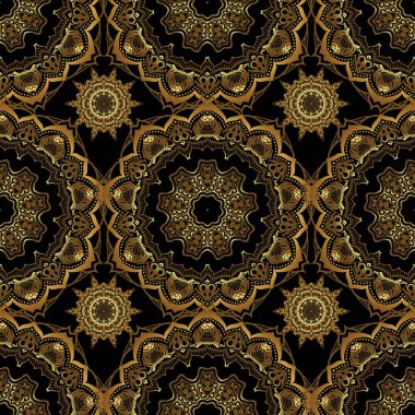 Davetiyeler, tebrik kartları, ambalajlar için süs desenleri. Tasarım için vektör süsleme ögeleri. Geleneksel çiçek dekoru. Siyah bir arkaplanda dekoratif altın pürüzsüz desen.