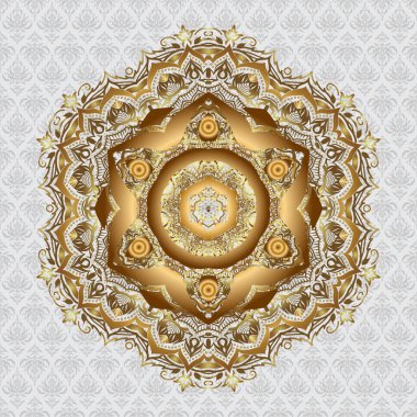 Vektör etnik Mandala süsü. Hint şal desenli madalyon pankartları. Tekstil, tebrik kartı, boyama kitabı, telefon kılıfı baskısı için kullanılabilir. Gri arkaplanda kına dövmesi stili.