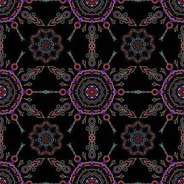 Siyah zemin üzerinde vektör kesme kağıt dantel dokusu, mavi, nötr ve morumsu tül, girintisiz desen, eps10.