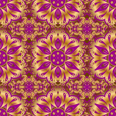 Mor arka planda altın renklerde kusursuz soyut elementler. Altın tekrarlayan elementlerle doğu arka planı. Damask vektörü klasik altın desen.