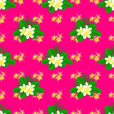 Plumeria çiçekli ve mor arkaplanda yapraklı, dikdörtgen bir çiçek deseni var..