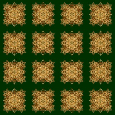 Süslü, doğu mandala altın şeritli. Sanat, yuvarlak, yeşil arka planda izole edilmiş altın gradyanı olan renkli bir süs..