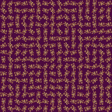 Zarif vektör klasik kusursuz desen. Mor arkaplanda tekrarlayan elementlerle kusursuz soyut süs. Mor ve altın desenli.