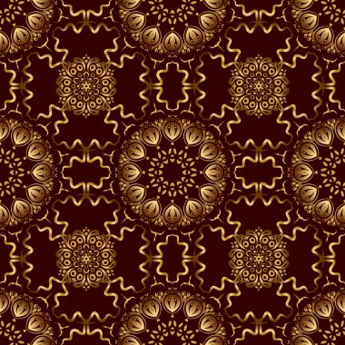 Duvar kağıtları, tekstil, kumaş, ambalaj kağıdı, ambalaj kutusu vs. için evrensel vektör deseni. Kahverengi arka planda eski model. Geçmişe dönük tasarım için altın elementlerle kusursuz desen.