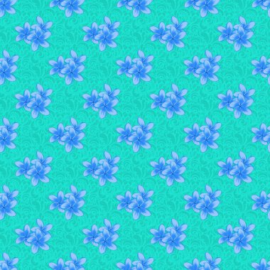 Kesişen kıvrımlı zarif stilize Plumeria çiçekleri, yapraklar ve parşömenler Arap tarzında soyut süs oluşturuyorlar. Arabesk. Mavi arka planda klasik soyut vektör çiçeksiz desen.