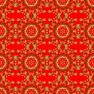 Vektör parlak metal yüzey pürüzsüz desen. Kırmızı arkaplanda soyut altın elementler.