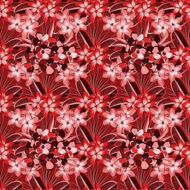 Kırmızı ve pembe renklerde soyut şirin çiçek deseni. Vektör çizimi. Parlak güzel primula çiçekleri Kusursuz bir arka plan.