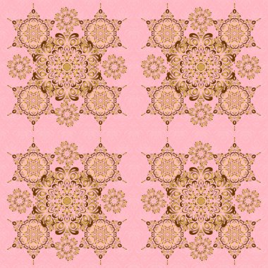 Lüks, kraliyet ve Viktorya dönemi konsepti. Pembe arka planda izole altın elementler. Süslü vektör dekorasyonu. Klasik barok çiçekli, pembenin üzerinde altın desenli..