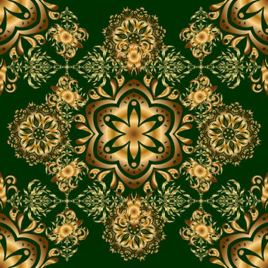 Noel kartları, dekorasyon, menüler, ağ, afişler ve şarap ve tatillerle ilgili tasarımlar için iyidir. Vektör çizimi. Yeşil arka planda altın elementlerle kusursuz desen.