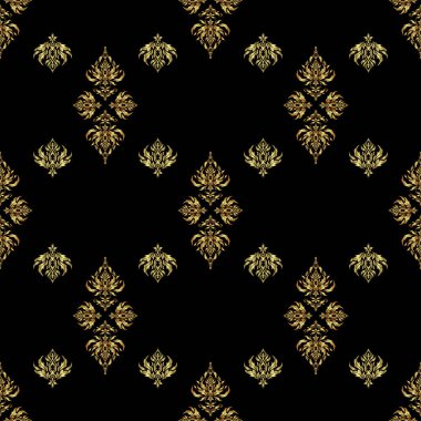 Siyah arka planda kusursuz, altın rengi bir model. Eski Fas, Arap ve Türk süslemeleri taşıyıcı.