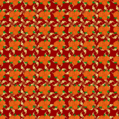 Vektör gül çiçekleri ve yeşil yapraklar pürüzsüz desen. Kırmızı arka planda kusursuz çiçek deseni.