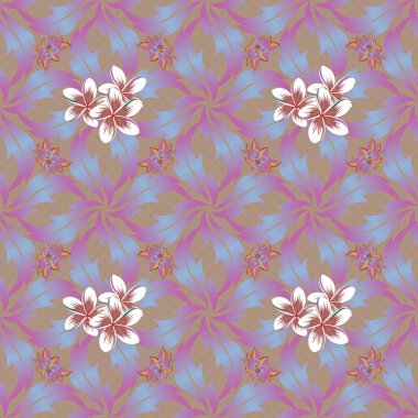 Vektör çizimi. Mor, turuncu ve mavi renklerde biçimlendirilmiş plumeria çiçekleriyle kusursuz çiçek deseni..