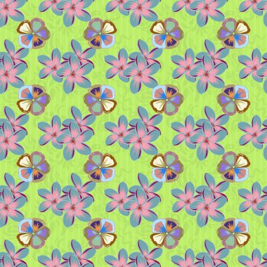 Geçmişi, tekstili, ambalaj kağıtları, tebrik kartları için. Vektör çizimi. Yeşil ve pembe renklerde soyut çiçeklerin suluboya buketi ile romantik, pürüzsüz desen.