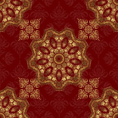 Süslü dantel iz sürücü. Kırmızı arka planda geleneksel Arap dekorasyonu. Duvar kâğıdı için altın süslü bir illüstrasyon. Altın süslemeli vektör desenli. Doğu tarzında klasik altın elementler.