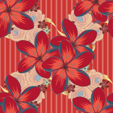 Retro tekstil tasarım koleksiyonu. Plumeria çiçekli ipek eşarp menekşe, bej ve kırmızı renklerde. Sonbahar renkleri. 1950-1960 motifleri. El çizimi çiçek elementleri ile soyut, pürüzsüz vektör deseni.