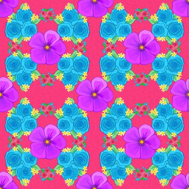 Vektör çizimi. Şekillendirilmiş gül çiçekleri ve mavi, pembe ve menekşe renkli yeşil yapraklarla kusursuz çiçek deseni..