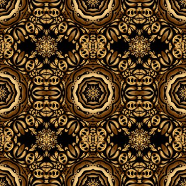 Siyah arkaplanda altın rengi elementlerin kusursuz vektör görüntüsü. Duvar kağıdı, sunum, tasarım, tekstil için. Vektör illüstrasyonu.