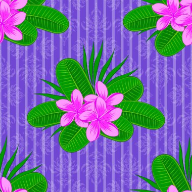 Menekşe arka planında çiçek desenli, dikişsiz desen. Şirin taşıyıcı Plumeria çiçek izi. Vektör illüstrasyonu.