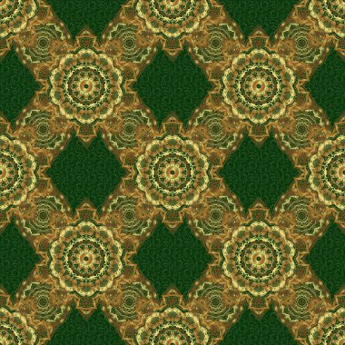 Yeşil zemin üzerinde altın dairesel mandala, yıldızlar ve kar taneleri bulunan geleneksel süs arkaplanının vektörsüz deseni.