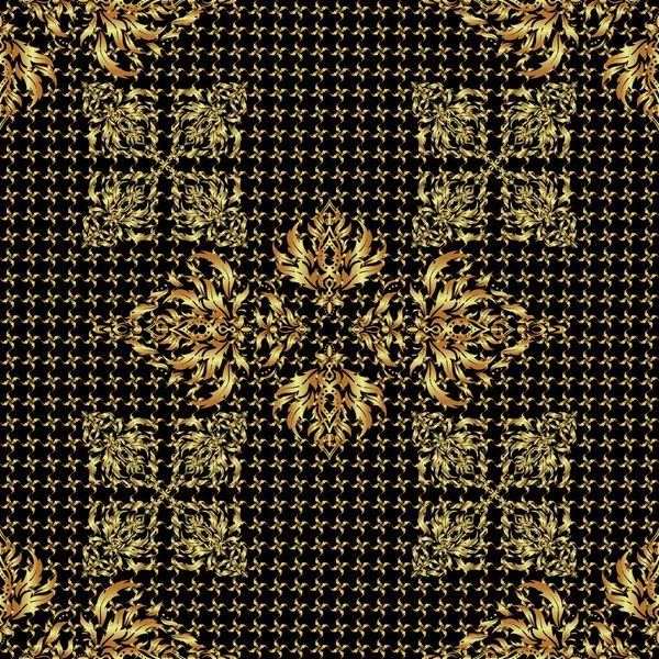 Gouden Patroon Zwarte Achtergrond Luxe Goud Naadloos Patroon Met Abstracte — Stockvector