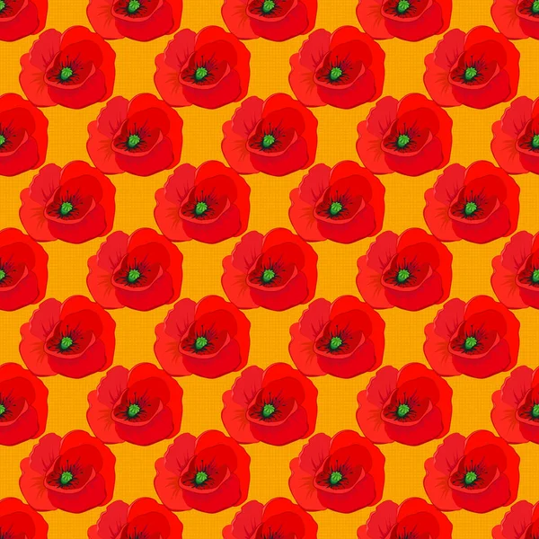 Zökkenőmentes Háttér Minta Dekoratív Mák Virágok Levelek Piros Sárga Szürke — Stock Vector
