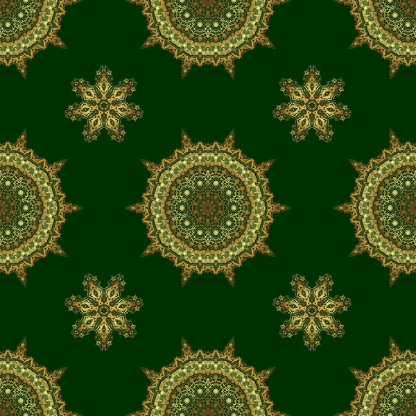 ベクトルイラスト 緑の背景に波を様式化した黄金の装飾の豪華なシームレスなパターン — ストックベクタ