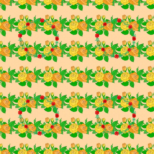 Flores Rosa Acuarela Hojas Verdes Sin Costuras Fondo Beige Fondos — Vector de stock