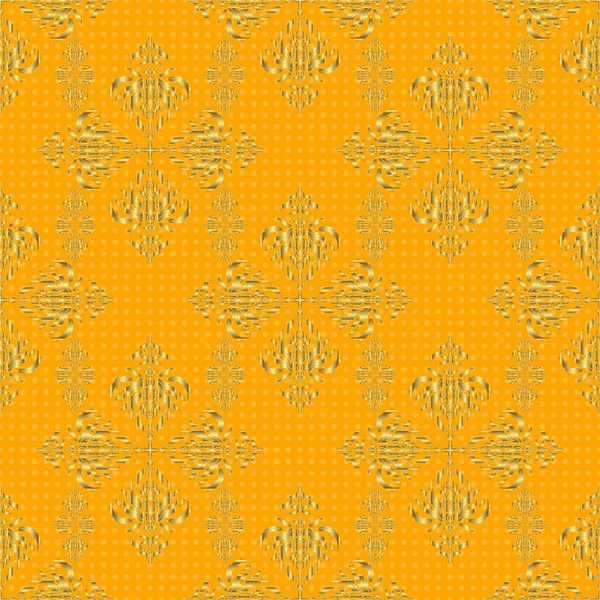 黄色の背景にシームレス抽象的な現代的なパターン 黄色と金色のシームレスなパターン 黄金の要素と幾何学的な繰り返しベクトル装飾 — ストックベクタ
