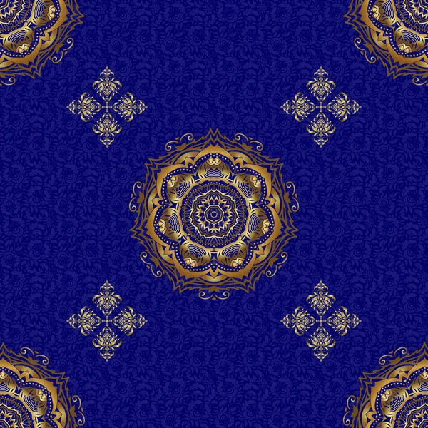 インテリアのための装飾 青の背景に手作りのベクトル黄金の要素 ヴィンテージシームレスフラワーパターン — ストックベクタ
