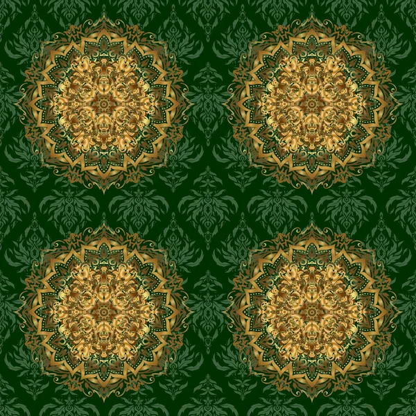 Esboço Mandala Mehndi Dourado Verde Estilo Indiano Tradicional Elementos Ornamentais — Vetor de Stock