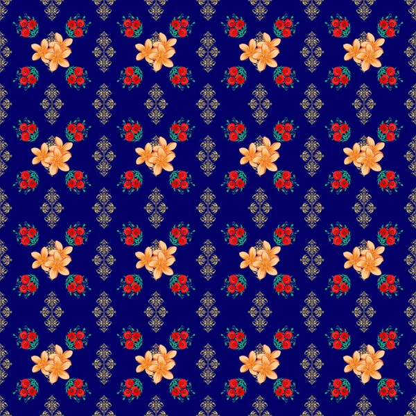 Trendy Print Watercolor Ditsy Plumeria Flowers Beige Blue Red Colors — Stock Vector