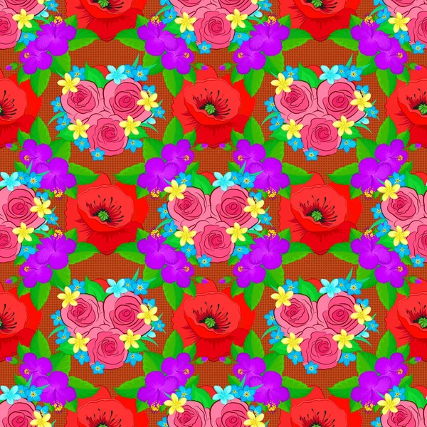 ベクトルイラスト 可愛いバラの花や赤 ピンク色の緑の葉でシームレスな花のパターン — ストックベクタ