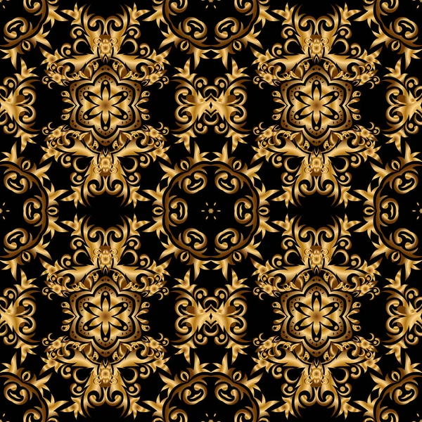 Patrón Azulejos Florales Sin Costuras Oro Colores Negros Adorno Damasco — Archivo Imágenes Vectoriales