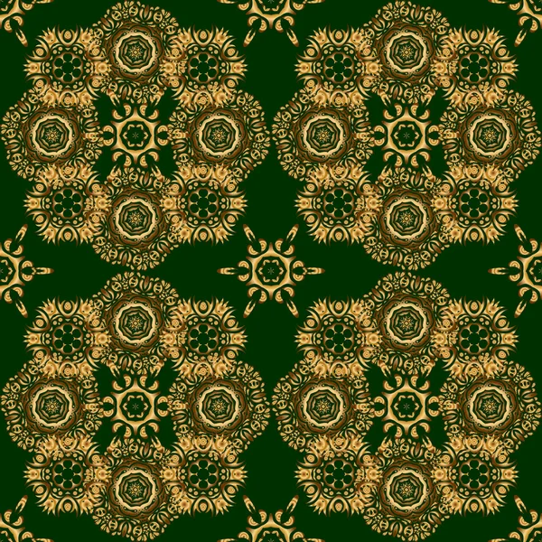 ヴィンテージ花ベクトル装飾 緑の背景に金色の要素を持つ抽象的な古典的なシームレスなパターン — ストックベクタ