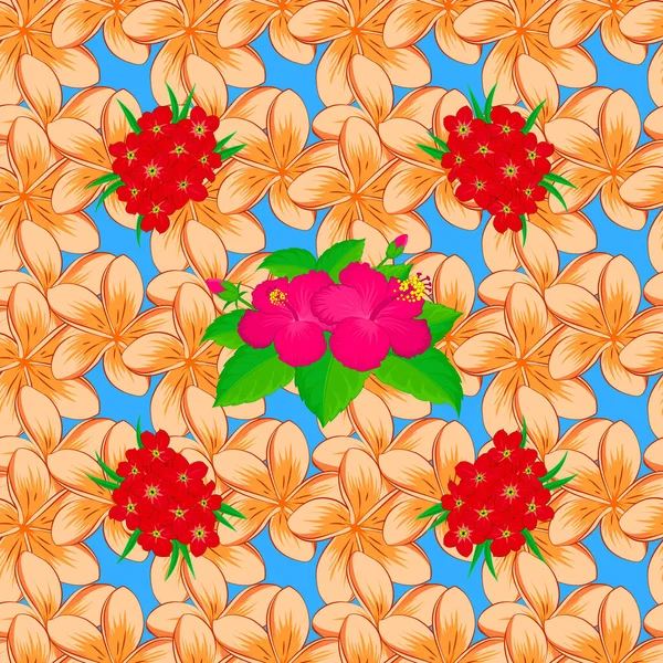 Vector Seamless Pattern Magenta Hibiscus Flowers Leaves Blue Background Floral — Stock Vector