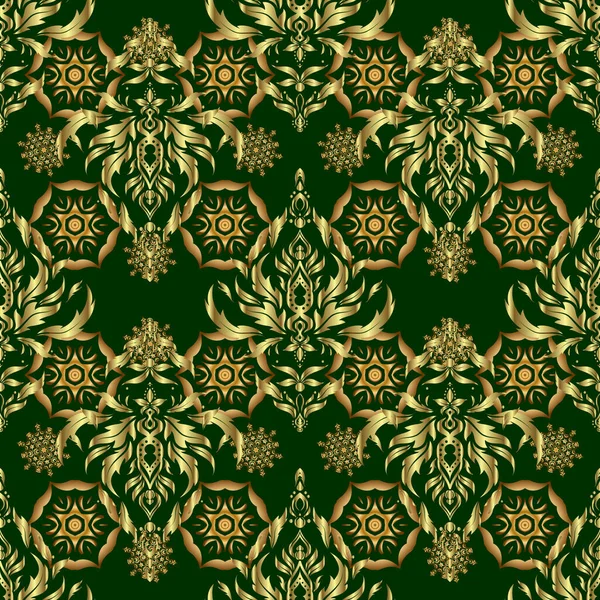 Groen Goud Vintage Ornament Naadloos Patroon — Stockvector