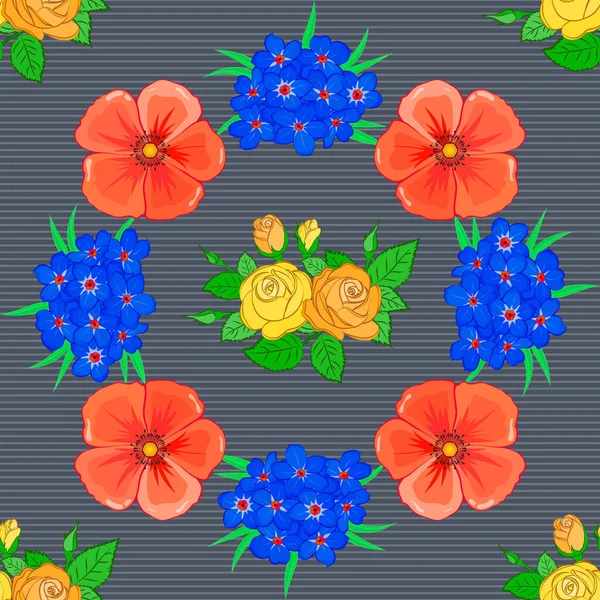 Impresión Floral Del Vector Colores Naranja Azul Gris Cute Patrón — Archivo Imágenes Vectoriales