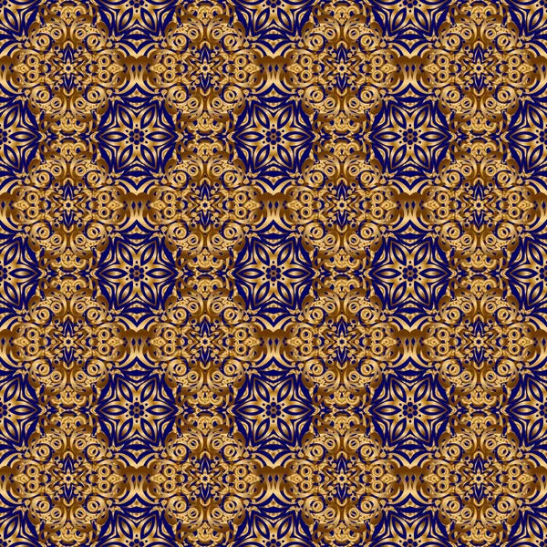 Naadloos Patroon Met Gouden Elementen Krullen Ornamenten Een Blauwe Achtergrond — Stockvector