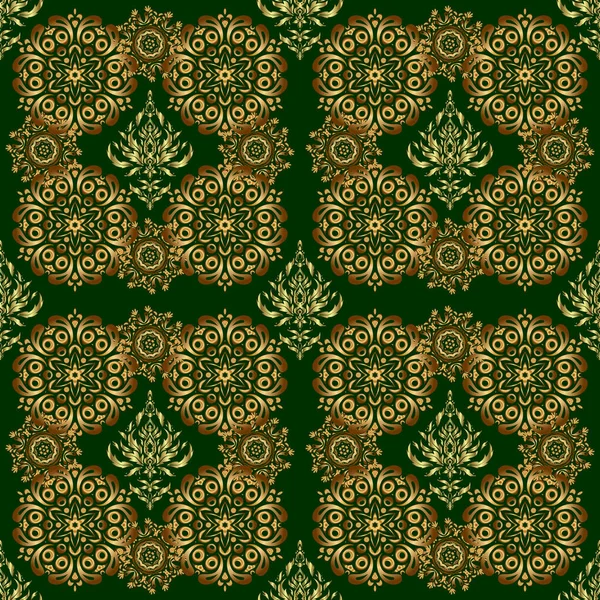 Traditional Classic Vector Golden Pattern Green Golden Pattern Seamless Pattern — Stock Vector