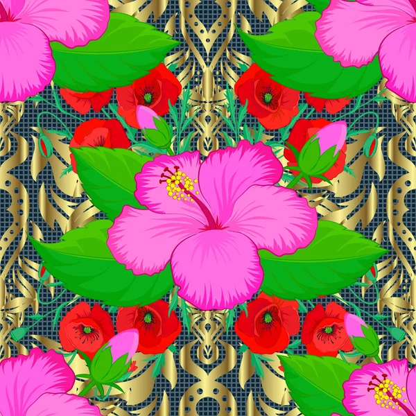 Квітковий Безшовний Візерунок Квітами Гібіскуса Листям Синьому Фоні Стильні Шпалери — стоковий вектор