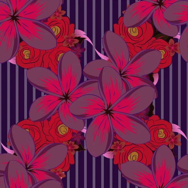 Ilustracja Wektora Bezszwowy Wzór Kwiatowy Fioletowych Fioletowych Czerwonych Kolorach Kwiatami — Wektor stockowy