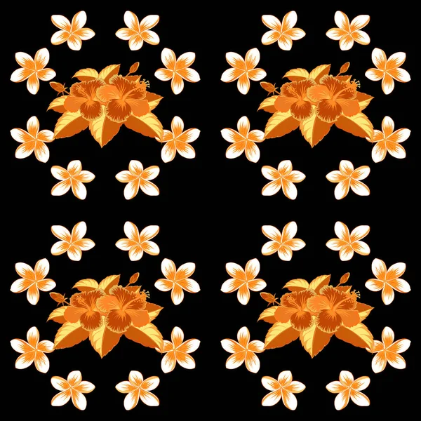 黒を背景に茶 オレンジ ベージュ色の様々なハイビスカスのハワイの熱帯の花 ベクトル花 — ストックベクタ