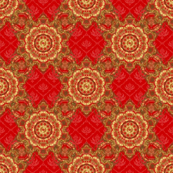 赤と黄金の装飾 幾何学的なモロッコのシームレスなパターンとベクトル抽象的なシームレスパッチワークの背景 スタイル化された黄金の星 雪片やグリッド 民族インド民俗学 — ストックベクタ